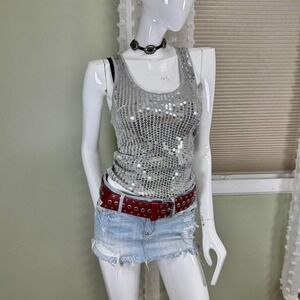 Women's Silver Sequin Scoop Neck Tank Top